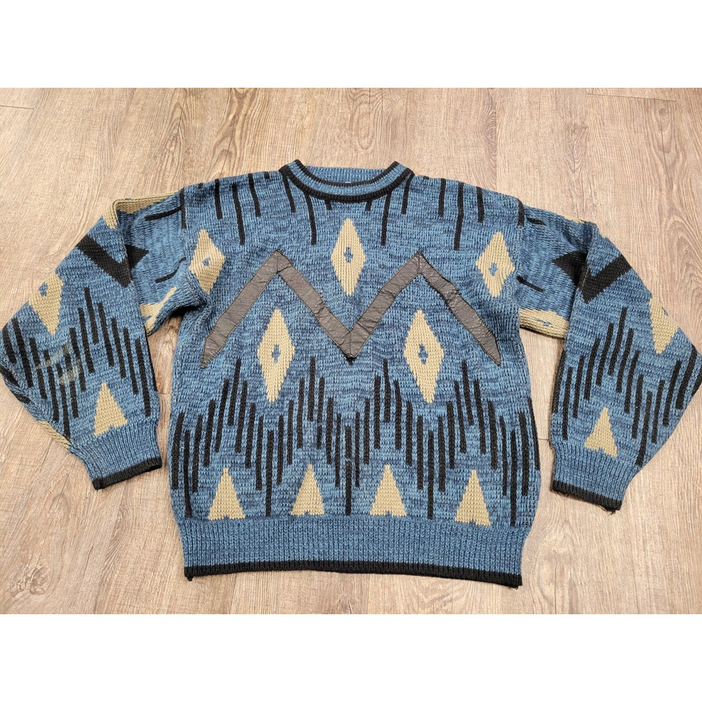 Vintage Atlantic Traders Sweater Mens M Blue Crewneck Leather Trim Geometric